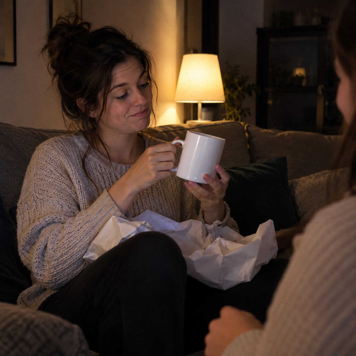Mujer recibiendo una taza de regalo sin mucha ilusión