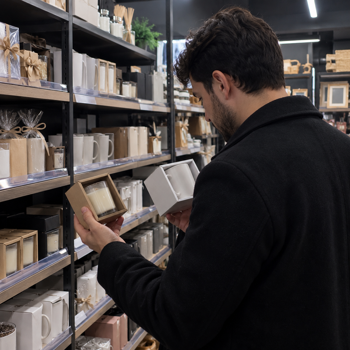 Hombre dudando entre regalos genéricos en una tienda