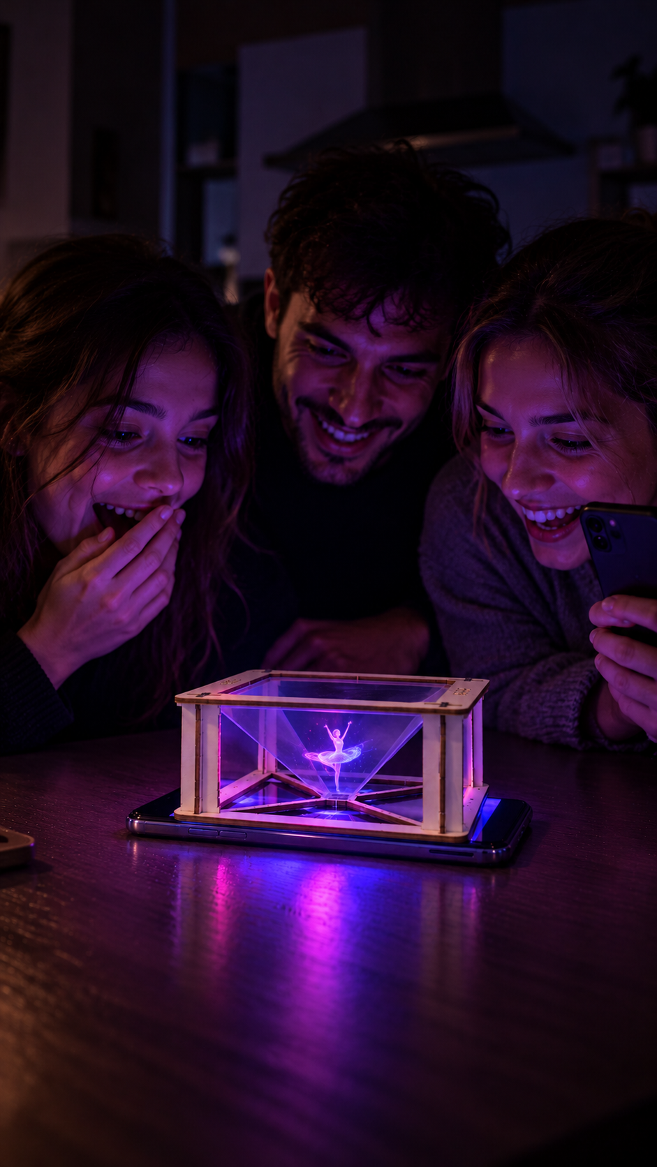 Amigos fascinados por un holograma luminoso