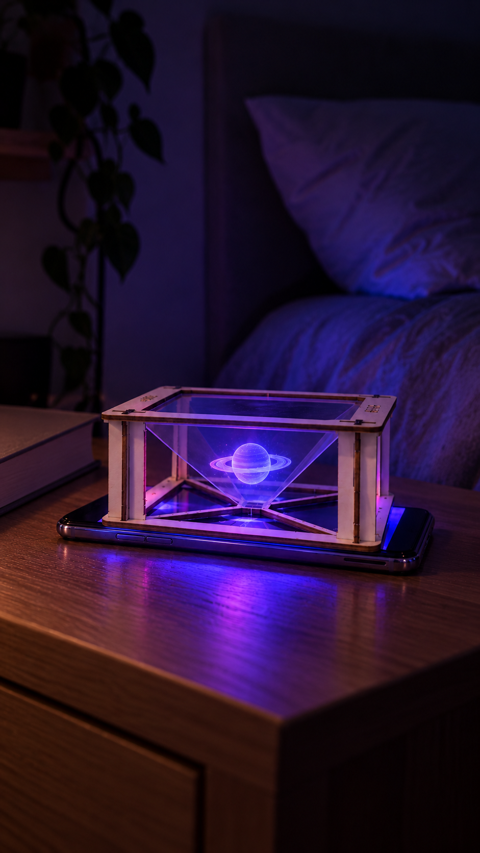 Holograma de un planeta en la mesilla de noche
