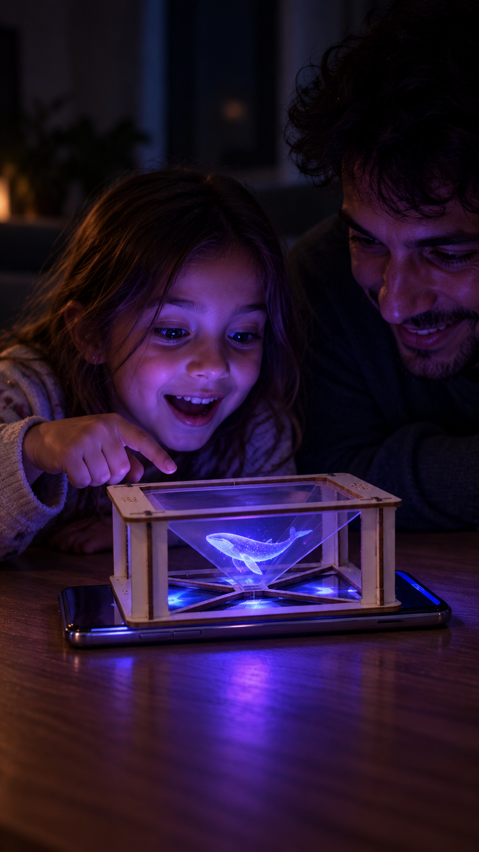Padre e hija maravillados con un holograma