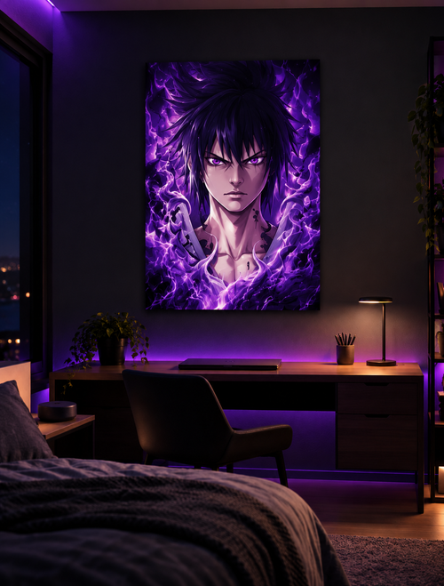 3D lenticular anime poster on a bedroom wall with purple light